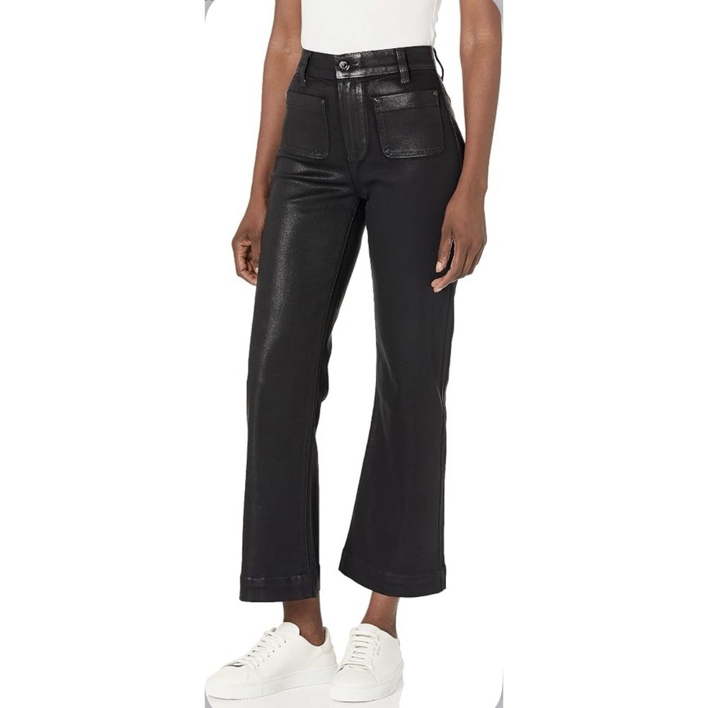 PAIGE Leenah Coated Black Jeans 30 Wide Leg Ankle Patch Pocket Goth Rock Biker